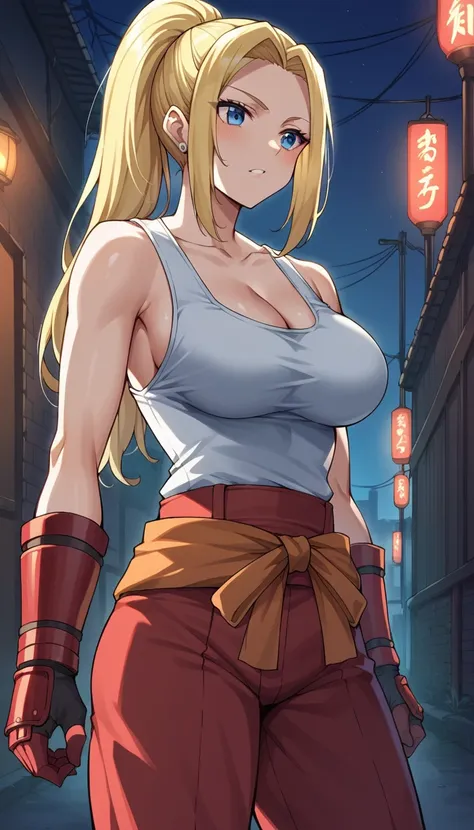 score_9,score_8_up,score_7_up,score_6_up, source_anime, zpdxl, girl,long hair, blonde hair, ponytail, blue eyes, white tank top,...