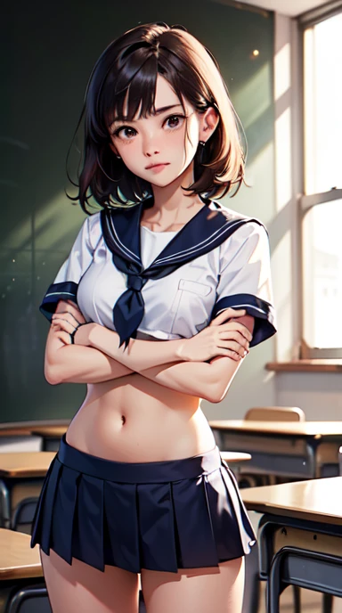 Woman in classroom, ((white crop top sailor suit)), blue student skirts, open navel, open belly, (show abdomen area), ((((arms crossed over chest)))), crying , (((teacher standing behind holding a whip))))