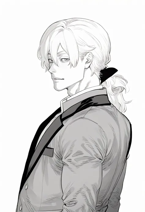 yuto-sano, 1boy, kaneki, white hair, tied hair, long hair, long tied hair, elegant, monochrome, solo, greyscale, male focus, loo...