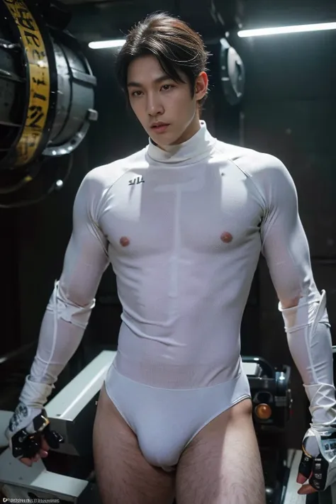 (masutepiece,High resolution,ultra - detailed:1.0),1(Boy,Robot Boy),Perfect male body,Look at the camera,Delicate eyes and delicate face,extremely details CG,Unity 8k wallpaper,intricate-detail,solo person,Detailed face, (Futuristic tight spandex white bod...