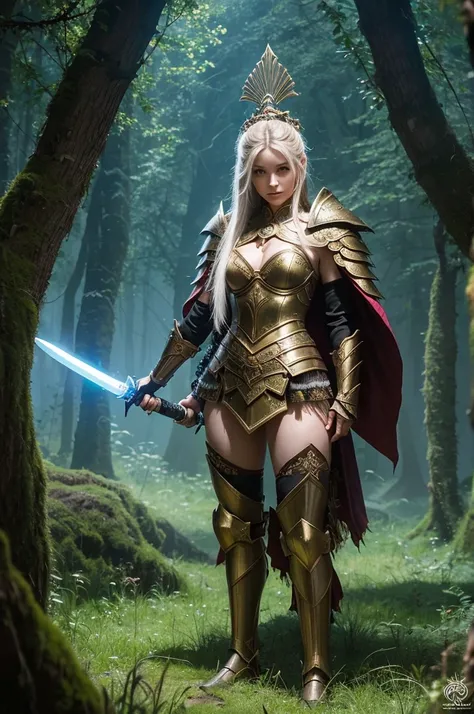 A warrior princess in elaborate armor standing in a mystical forest, holding a glowing sword, with an air of determination and strength, in a high-fantasy art style.