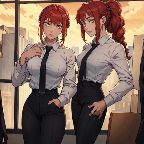 masterpiece,best quality,extreme detail,8k,makima2,1girl,solo,red hair,yellow eyes,ringed eyes,braided ponytail,With jacket: shirt,long sleeves,jacket,white shirt,necktie,collared shirt,pants,black jacket,black pants,formal,suit,black necktie,shirt tucked ...