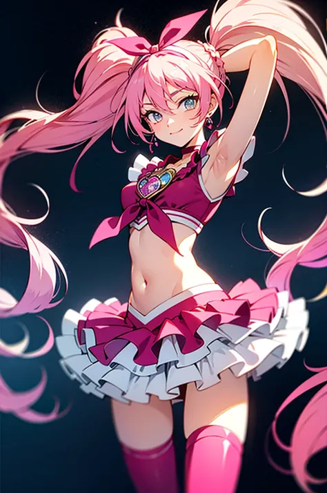 cure melody, navel, pink hair ribbon:1.2, hairband, pink thighhighs, pink shoes, wrist cuffs, twintails, gem, frills, anime coloring, best quality,  looking at viewer, solo, contrapposto, spread armpit, arms behind head, smile, looking at viewer, (cowboy s...