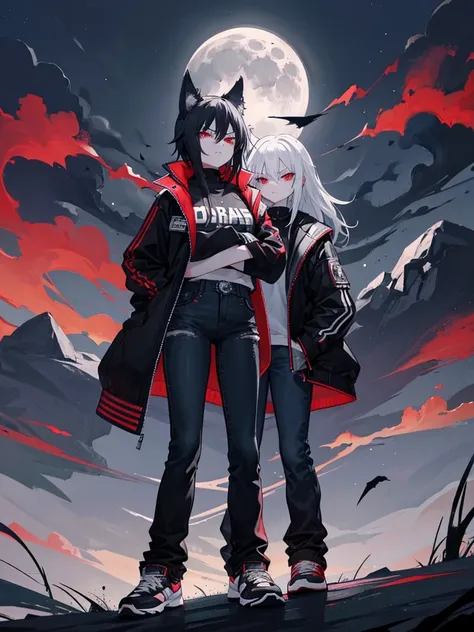 Wolf, tough, crossed arms, standing, emo, angry, night time, nightmare, goth, tomboy, moon background, black, dark red, dark red eyes, long gray wriped jeans, black and white sneakers, wearing her jacket around her waist, sharped teeth