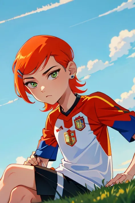 a gwendolyn tennyson, wearing spain football jersey, field background, best quality