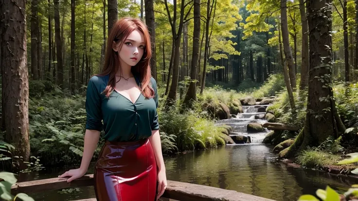 12k, hdr, best image, realistic, forest, dark green, river, a beautiful young girl, 30 years old, red brown hair, long straight,...