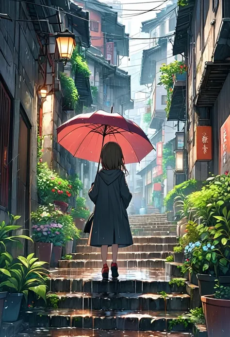 
        ( Perfect anatomical structure ) Little girl holding an umbrella on a rainy day(Back view standing foreground close-up)Hold an umbrella and walk up the stone stairs HD anime cityscape with narrow alley with many plants(stone staircase going up)ani...