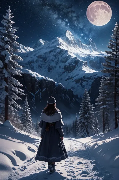 Create a captivating digital illustration depicting a female figure dressed in cozy winter clothing, walking along a magical path in a snowy mountainous landscape. The scene is set at night, with the sky filled with colorful stars and a radiant moon illumi...