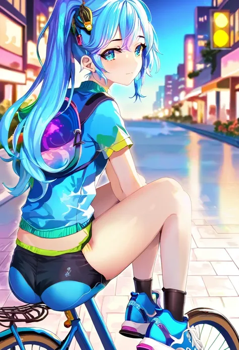 a girl sitting on top of bicycle, dolphin shorts, blue hair, ponytail, in electronic luminescence city
