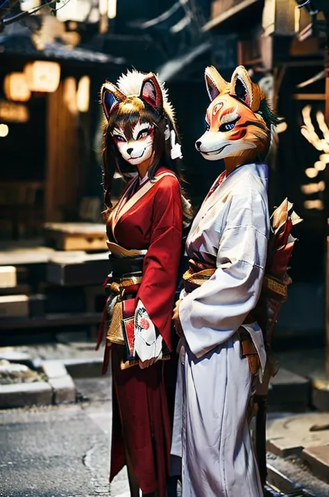 2 peopleの女性、woman with furry face、2 people、fox mask、fox ears、white kimono、shout、night、japan road、shrine、low - angle、dynamic comp...