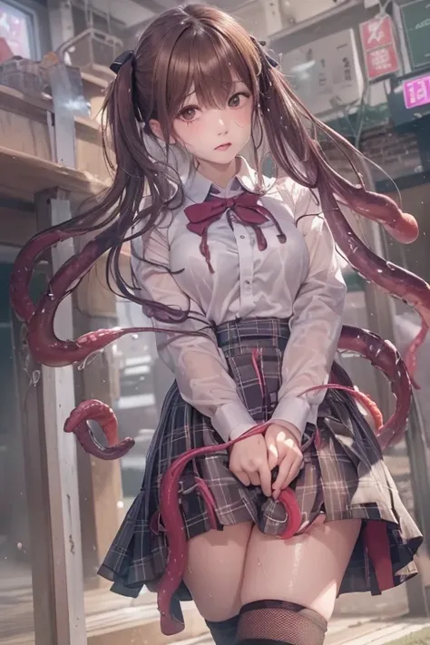 jk school girl uniform , skirt dark red , plaid skirt , pleated skirt , tight shirt , white shirt , school girl twin tails hair ...