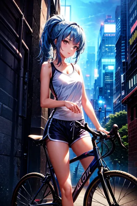 a girl rides a bicycle, dolphin shorts, blue hair, ponytail, in electronic luminescence city
