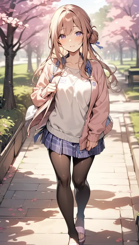 anime girl walking down a sidewalk with a pink jacket on