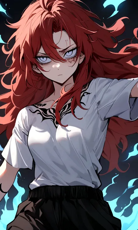 make me a female, 22 years old, red long messy hair,white eyes, shes blind, body tattoos, white tight shirt and baggy black sweatpants, emotionless face, shes fighting, blue fire powers