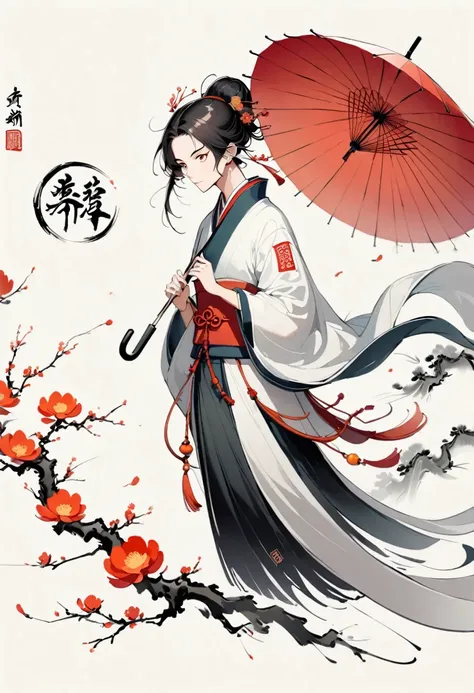 Bada Shanren style,Chinese Ink Painting，Simple style，is capitalized，Very simple pictures，Falling Flowers，Umbrella，