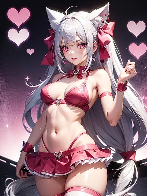 Silver hair, pink eyes, body, cat ears, sexy girl, earrings, hearts background fantasy, red pink uniform, hair bow