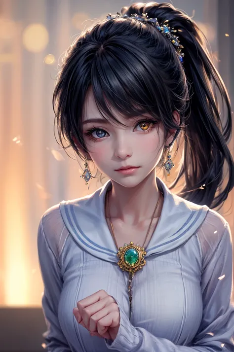 The background is the road in front of the school., Black Hair, Front Ponytail, Eye Reflexes, Brown eyes, ,Heterochromia iridis, Piercing, hair band，Attention to detail, Romanticism, Written boundary depth, Shine, Ray Tracing, Viewfinder, Zoom Layer, Bokeh...