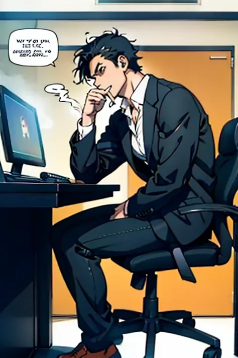  Guy with short black hair smoking and sitting, manga page with panels and dialogue    