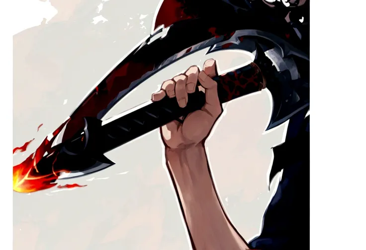 anime character holding a sword with flames in his hand, holding a jagged scimitar, black sword in the hand of ares, holding a scythe, holding a colossal sword, holding a fantasy sword, oni horns, holding a big sword, epic anime style, Extremely sharp deta...