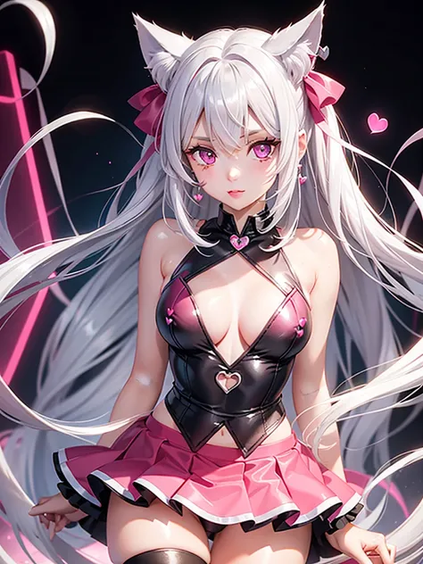 Silver hair, pink eyes, body, cat ears, sexy girl, earrings, hearts background fantasy, red pink skirt uniform, hair bows