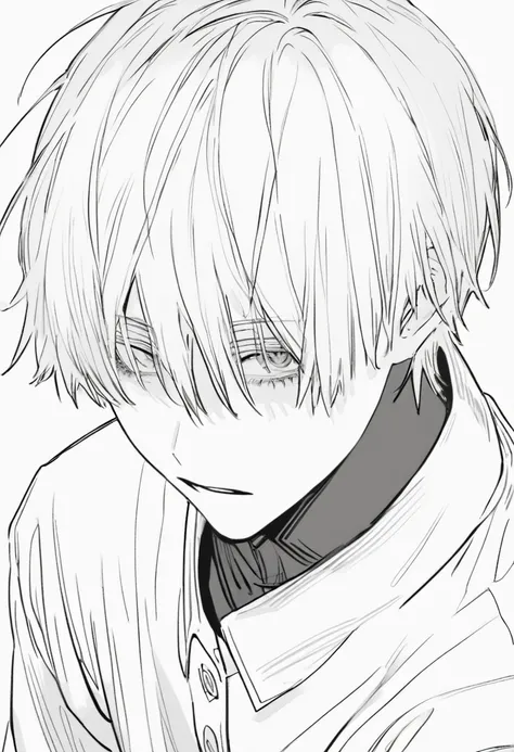 yuto-sano, 1boy, kaneki, white hais , elegant, monochrome, solo, greyscale, male focus, looking at viewer, tired, eyebags, eyebl...