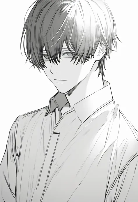 yuto-sano, 1boy, kaneki, white hais , elegant, monochrome, solo, greyscale, male focus, looking at viewer, tired, eyebags, eyebl...