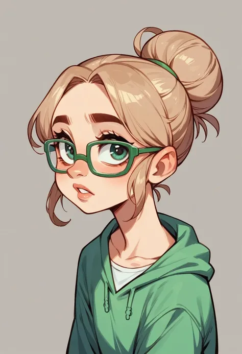 girl cartoon character with big funny eyes wearing big pointy green glasses with light brown hair tied in a high bun in hyperrealistic disney cartoon