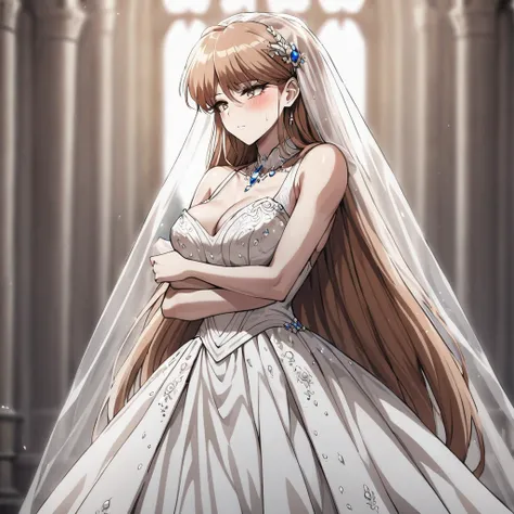 ((Highest quality)), ((masterpiece)), (detailed), （Perfect Face）、The woman is Princess Leona, with medium-long light brown hair, and is wearing a gorgeous, glittering, jeweled wedding dress and wedding veil. She is holding her wedding in a gorgeous church,...