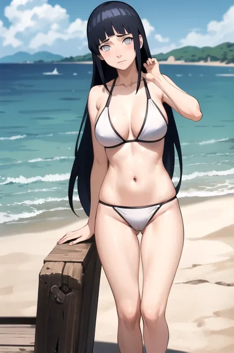 masterpiece, best quality, facing viewer, looking at viewer, 1girl, solo, outdoors, beach, standing, shy, big titshinata(shippuden), bikini