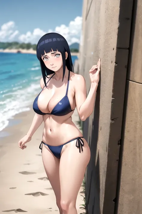 masterpiece, best quality, facing viewer, looking at viewer, 1girl, solo, outdoors, beach, standing, shy, big titshinata(shippuden), bikini