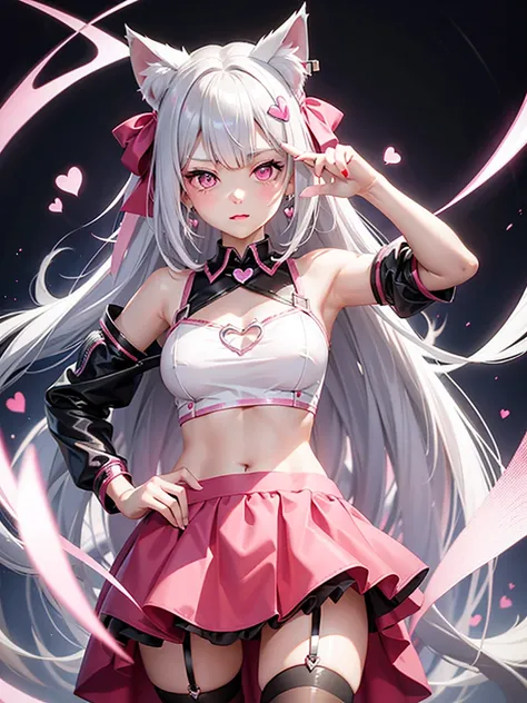 Silver hair, pink eyes, body, cat ears, sexy girl, earrings, hearts background fantasy, red pink skirt uniform, hair bows