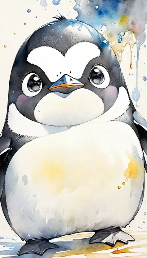 best quality, very good, 16K, Ridiculous, Extremely detailed, 2.5D, delicate and dynamic, Fusion of watercolor and oil painting, Mix of monochrome and color, Funny little penguin portrait, Cute face, Cute pose