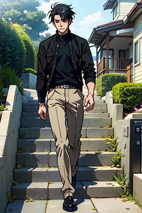  Guy with short black hair smoking and walking down garden stairs, full body shots, manga page with panels and dialogue    