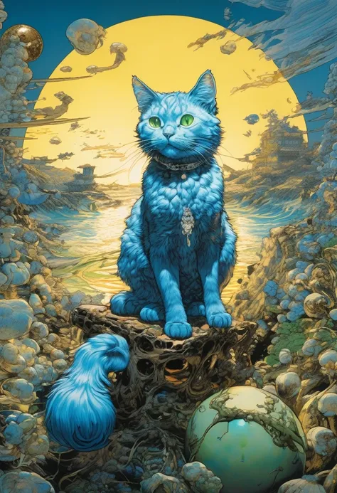 artwork by Katsuya Terada
8K, HD, intricate detailed masterpiece, (summer vaation:1.4), cute cat, transparent, glowing blue eyes, blue cat and palegreen eye ball, medium shot, blue hair, organic shapes, hard edges, anatomecly correct body,  hyper realistic...