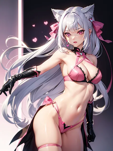 Silver hair, pink eyes, body, cat ears, sexy girl, earrings, hearts background fantasy, red pink uniform, hair bows