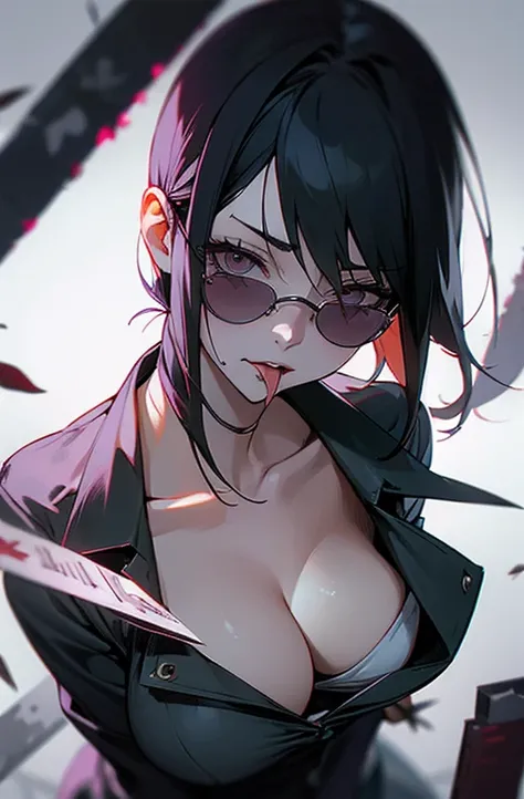 Cool women、sexy、Center of chest、Rize from Chainsaw Man、beauty、Yandere、Knife in hand、Face close-up、Licking a knife、Insanity、sunglasses、