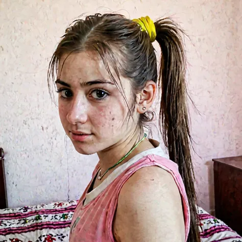 pale skin kurdish teen in room pony tail 