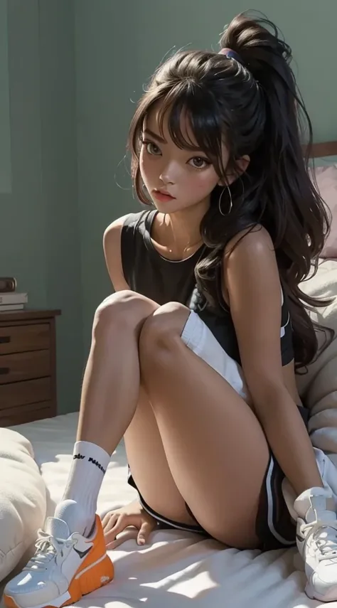 redo this image so that she is lying back against the pillows with her legs spread wide, she is masturbating vigorously, she is wearing nothing but her platform sneakers and knee-high socks