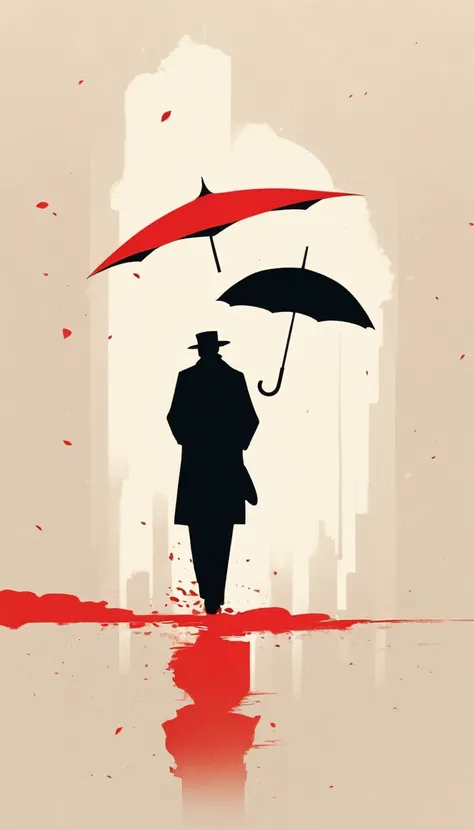 simple，Minimalist illustration，1 red umbrella - suspended in the air， old man silhouette