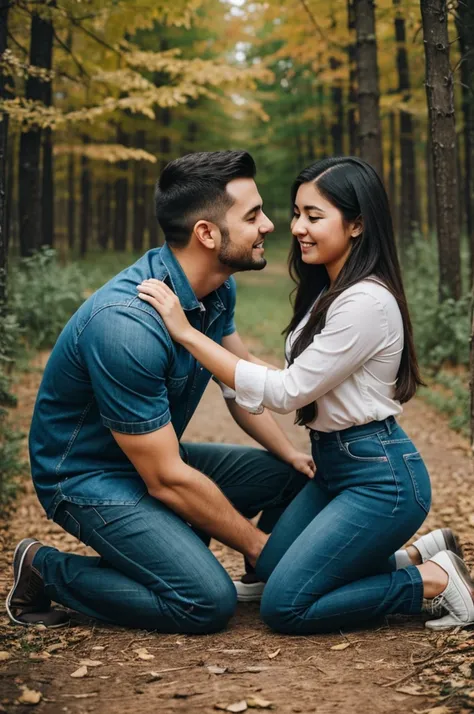 a guy holding girl cheeks while kneeling 