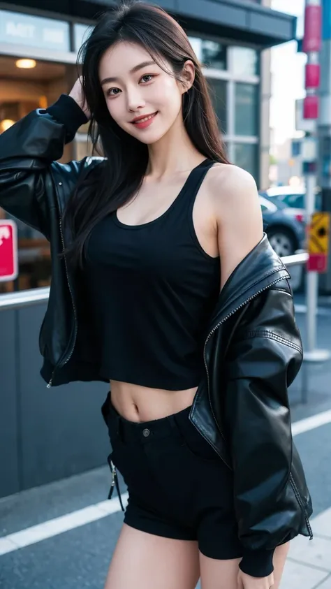 girl wears black jacket and black tank top, black pants, long black hair, has six pack abs, Japanese girls face, sweet smile, open jacket, 8k