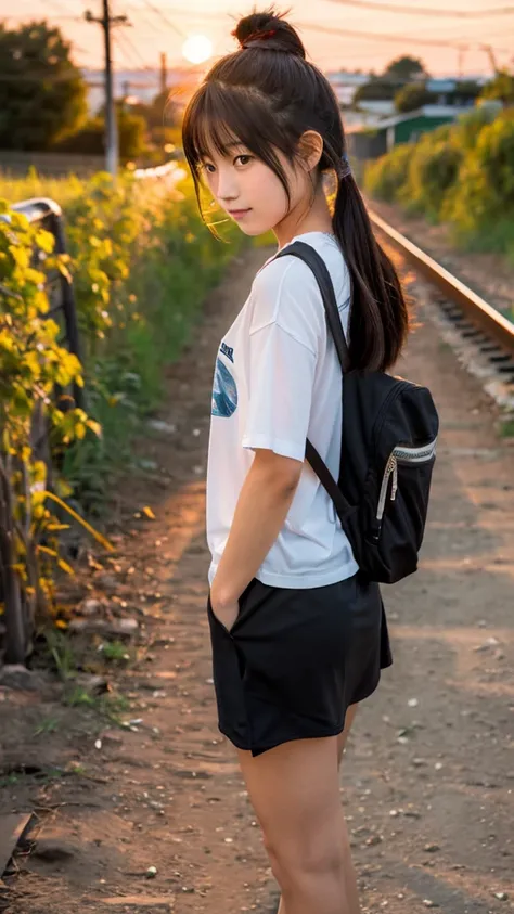 Sunset, over the fence along the railroad tracks, a Japanese girl in her 20s walking along the side road, back view