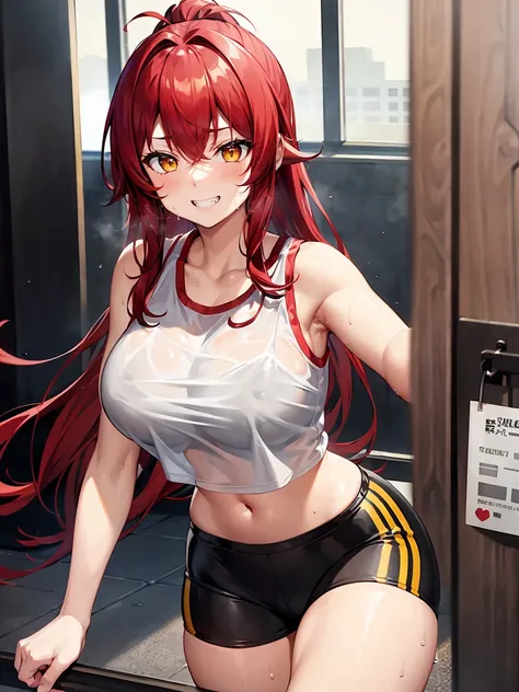 Red hair ponytail、Yellow Eyes、High school girls、A wet, see-through black tank top and black leggings、Gym、Big Breasts、Grin、Sweat:1.5