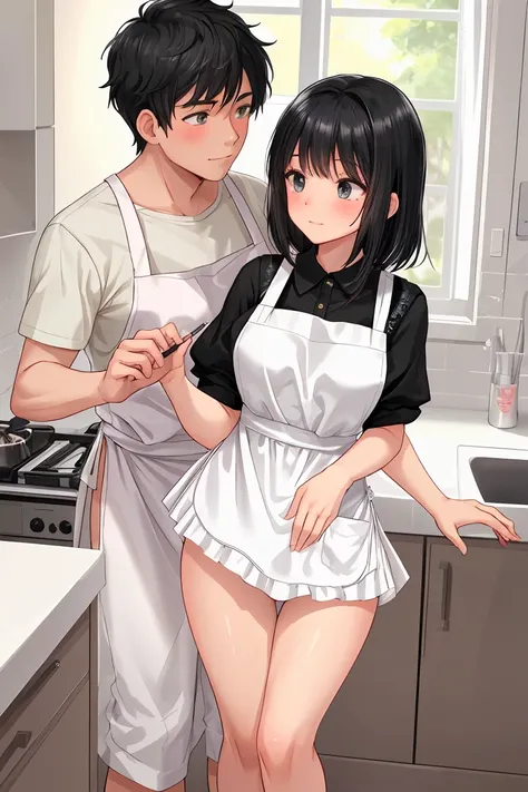 Married Woman　apron　Black Hair　White panties