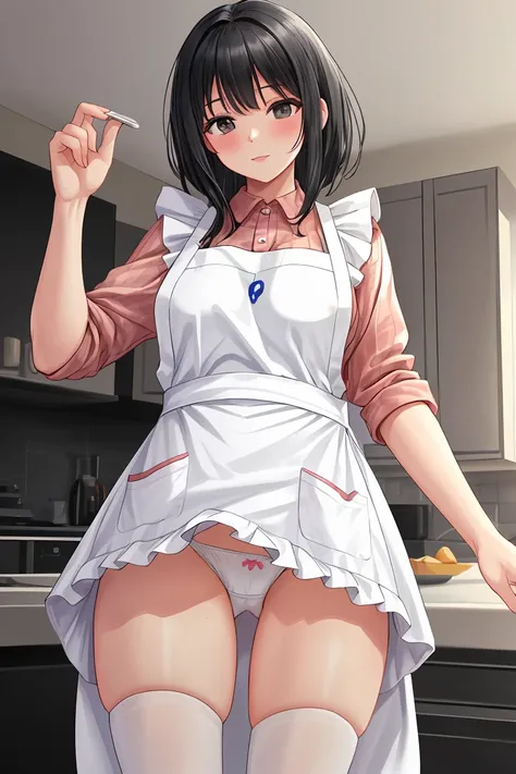 Married Woman　apron　Black Hair　White panties