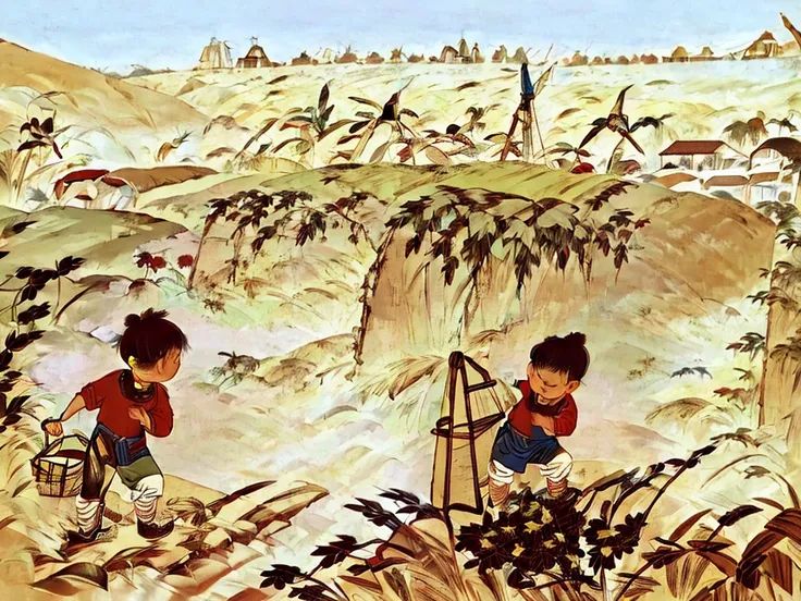 a little boy is holding a sickle and bending over to harvest golden wheat in the wheat field