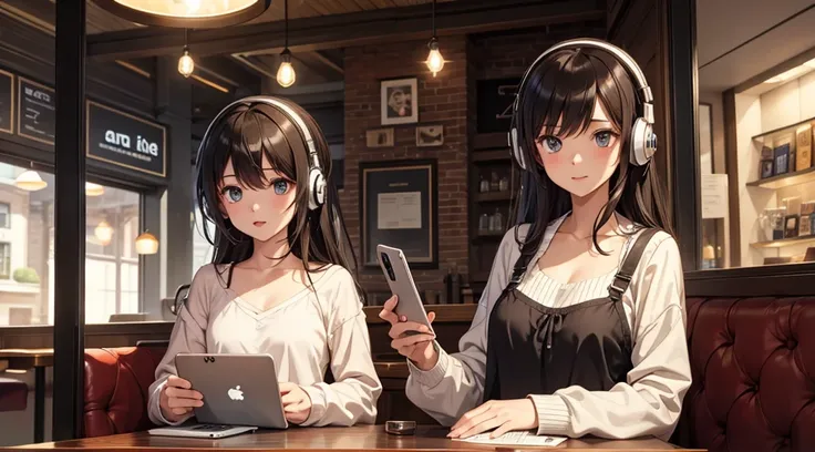 Girl with headphones enjoying music in a cafe　I am studying　Emphasize a little bit of the chest