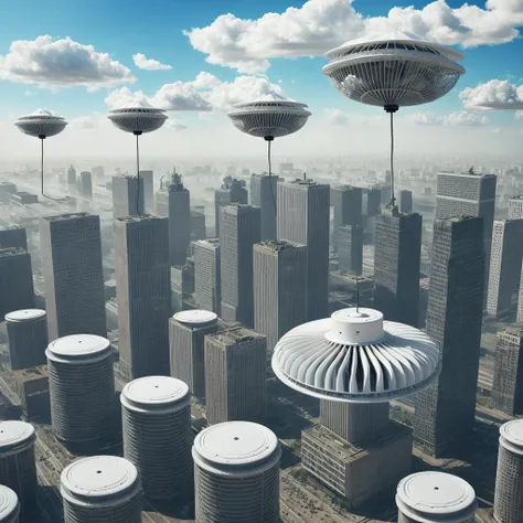 A city with giant "electric fans" floating in the air