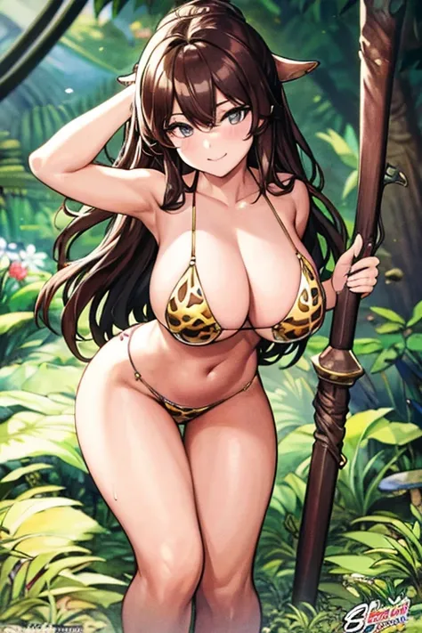 masterpiece, high resolution, best quality, rendered art, beautiful art, well formed fingers,body and hands, 1 woman, solo, Yae Miko, wearing Cavewoman outfit, big breasted, cleavage, sexy and skimpy jungle bikini, pelvic curtain, bikini thong, brunette, s...