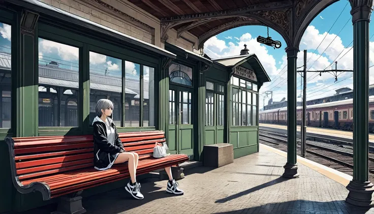 Ultra high definition photo. The sky is cloudy and full of food. At an old train station, a girl sits lonely on a bench. Her hair is flying. Girl is wearing her bb sneakers.